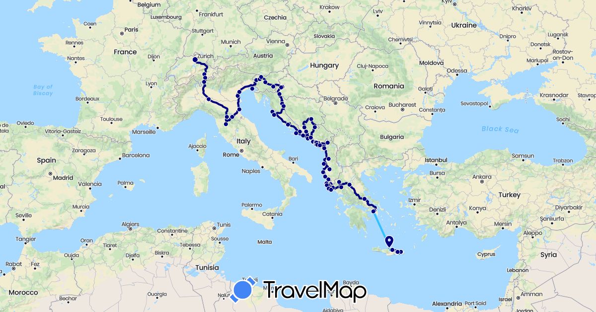 TravelMap itinerary: driving, boat in Albania, Bosnia and Herzegovina, Switzerland, Greece, Croatia, Italy, Montenegro, Slovenia (Europe)